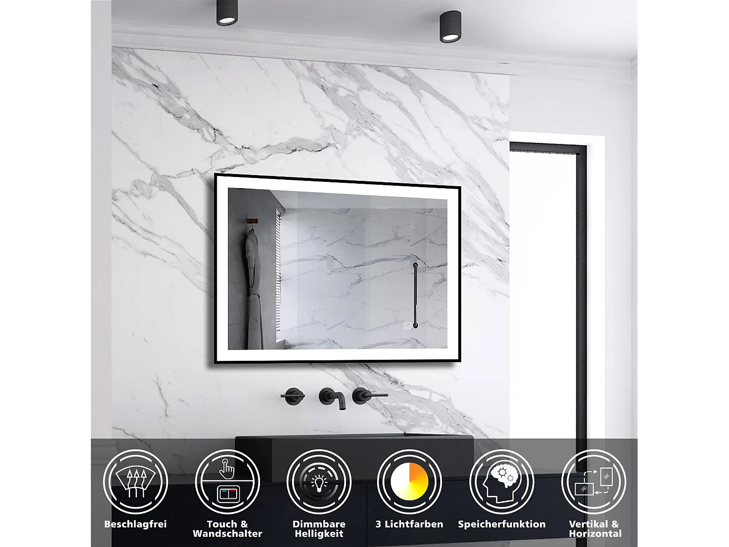 AICA LED Wandspiegel 70x50cm Beschlagfrei 3 Lichtfarbe+Dimmbar Schwarz Rahmen Memory-Funktion