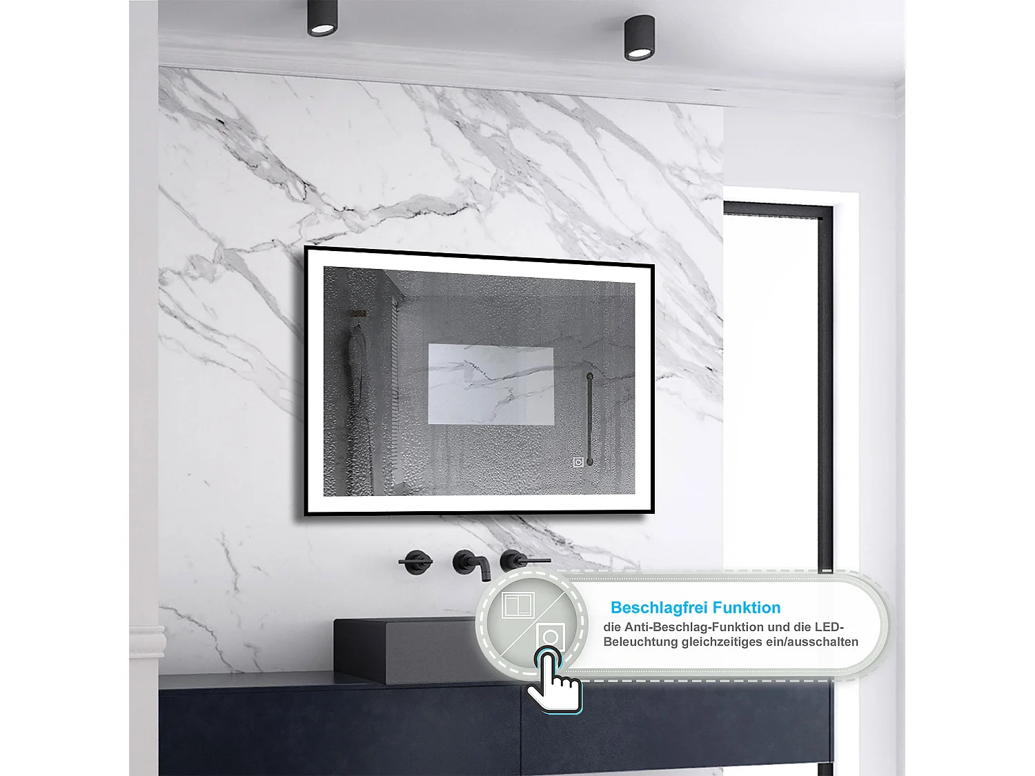 AICA LED Wandspiegel 70x50cm Beschlagfrei 3 Lichtfarbe+Dimmbar Schwarz Rahmen Memory-Funktion