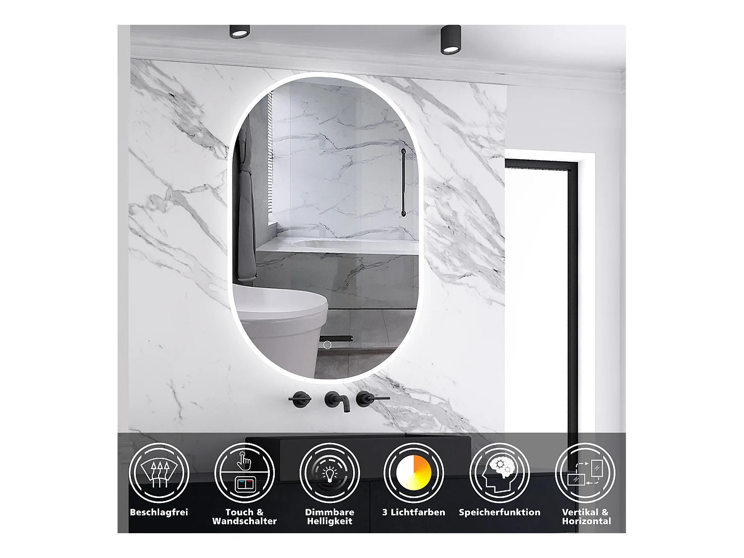 AICA LED Badspiegel 50x90cm Oval Anti-Beschlag 3 Lichfarbe Dimmbar Memory-Funktion Wand/Touchschalter