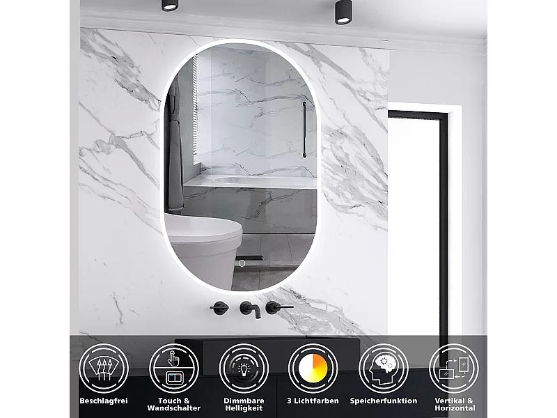 AICA LED Badspiegel 50x90cm Oval Anti-Beschlag 3 Lichfarbe Dimmbar Memory-Funktion Wand/Touchschalter