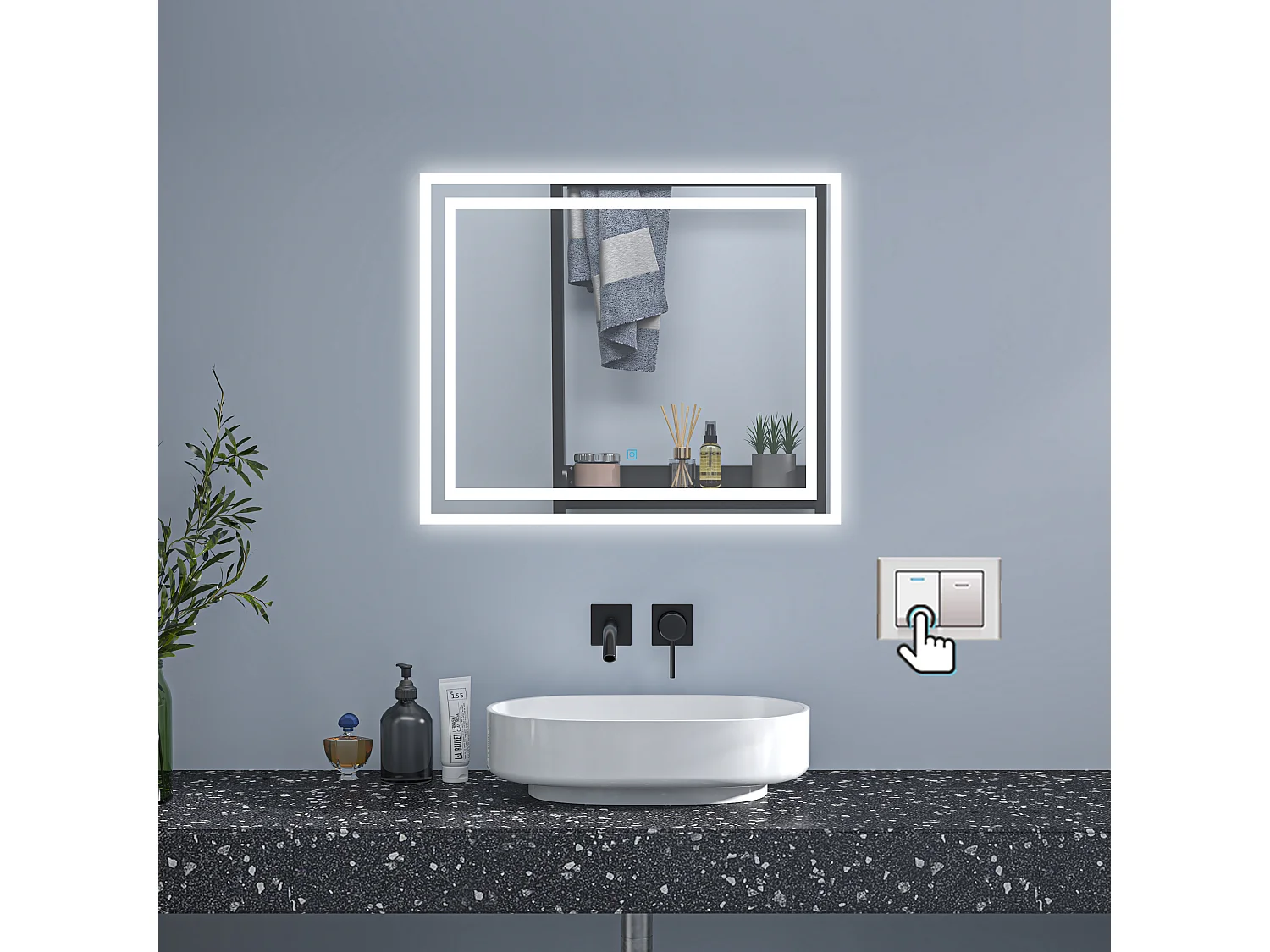 AICA Badspiegel mit LED-Beleuchtung 60x50cm Wand/Touchschalter Beschlagfrei 3 Lichtfarbe+Dimmbar Memory-Funktion - PICHON