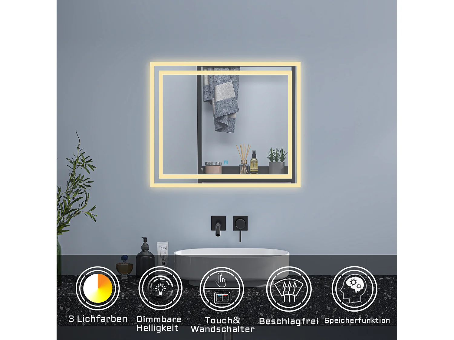 AICA Badspiegel mit LED-Beleuchtung 60x50cm Wand/Touchschalter Beschlagfrei 3 Lichtfarbe+Dimmbar Memory-Funktion - PICHON