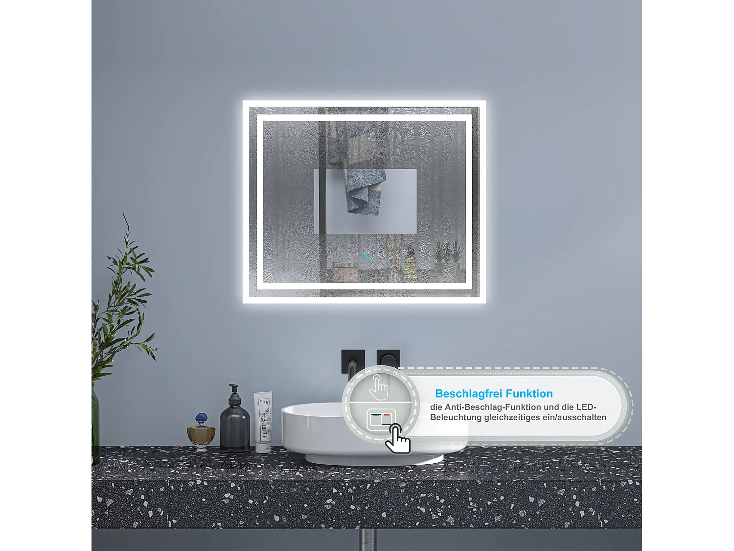 AICA Badspiegel mit LED-Beleuchtung 60x50cm Wand/Touchschalter Beschlagfrei 3 Lichtfarbe+Dimmbar Memory-Funktion - PICHON