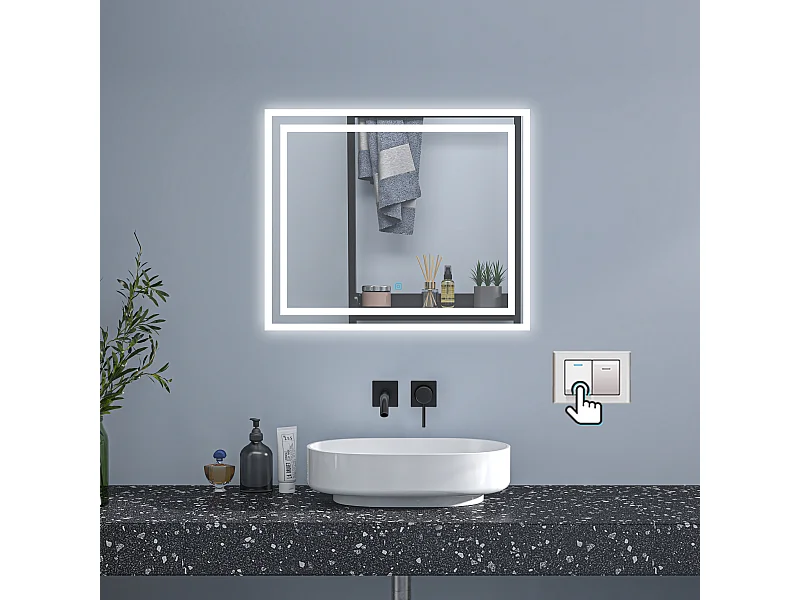 AICA Badspiegel mit LED-Beleuchtung 60x50cm Wand/Touchschalter Beschlagfrei 3 Lichtfarbe+Dimmbar Memory-Funktion - PICHON