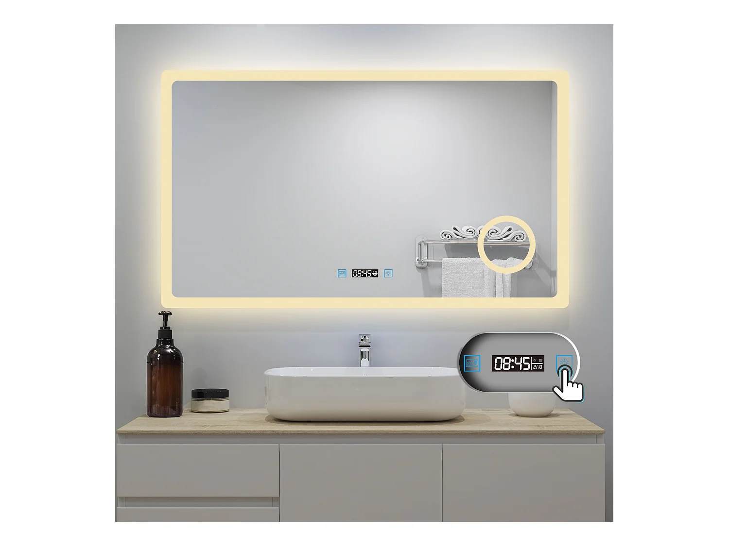 AICA Badspiegel mit LED-Beleuchtung 140x80cm Uhr Kosmetikspiegel Beschlagfrei 3 Lichtfarbe+Dimmbar Memory-Funktion