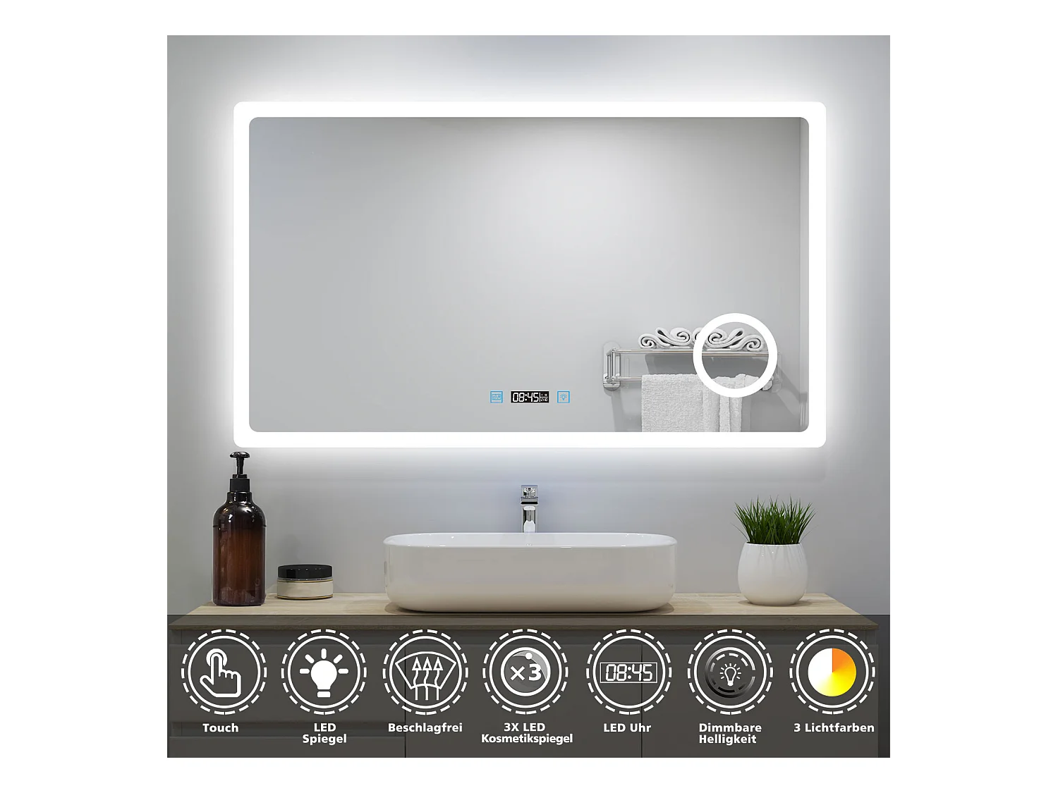 AICA Badspiegel mit LED-Beleuchtung 140x80cm Uhr Kosmetikspiegel Beschlagfrei 3 Lichtfarbe+Dimmbar Memory-Funktion