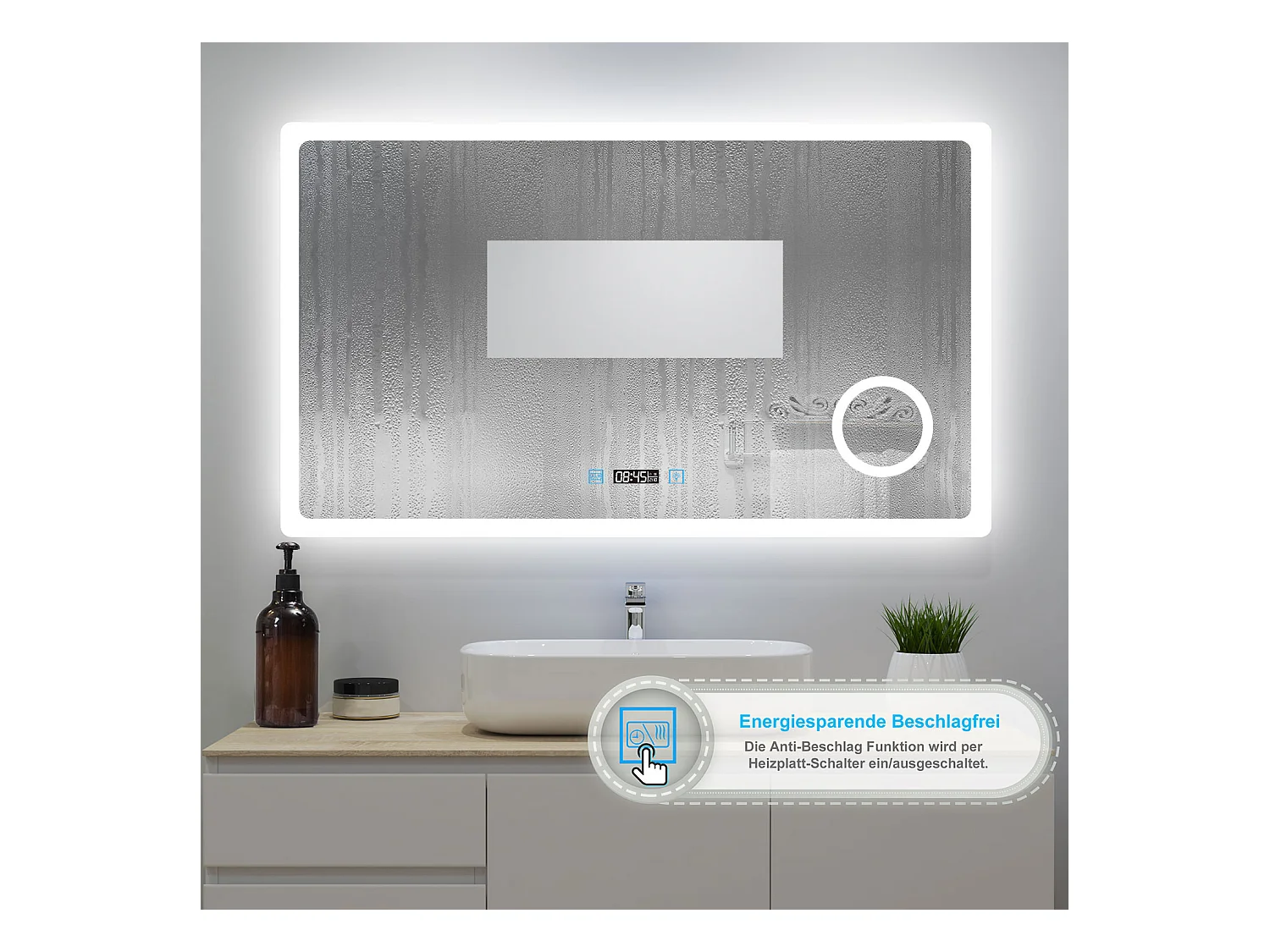 AICA Badspiegel mit LED-Beleuchtung 140x80cm Uhr Kosmetikspiegel Beschlagfrei 3 Lichtfarbe+Dimmbar Memory-Funktion