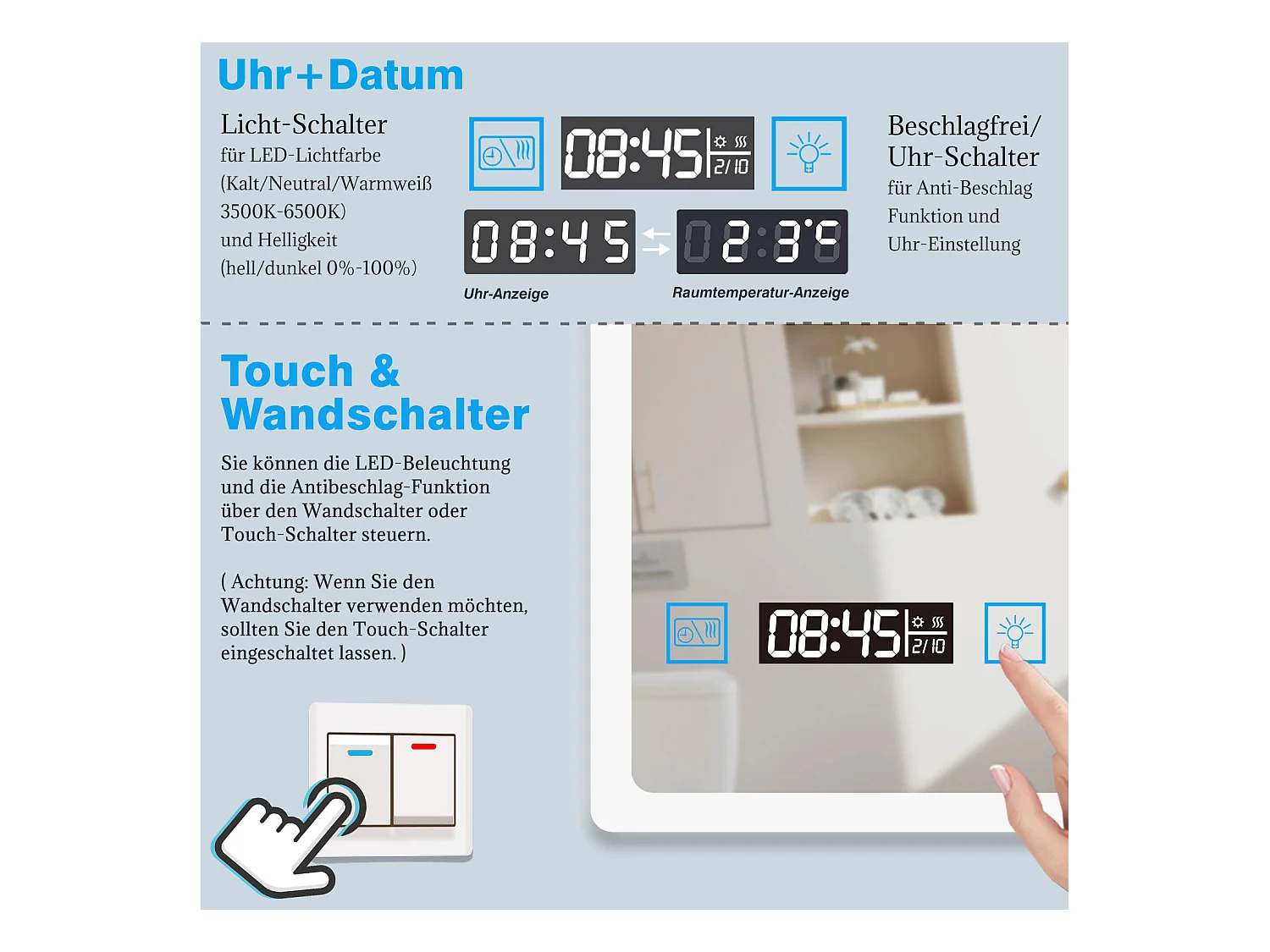 AICA Badspiegel mit LED-Beleuchtung 140x80cm Uhr Kosmetikspiegel Beschlagfrei 3 Lichtfarbe+Dimmbar Memory-Funktion