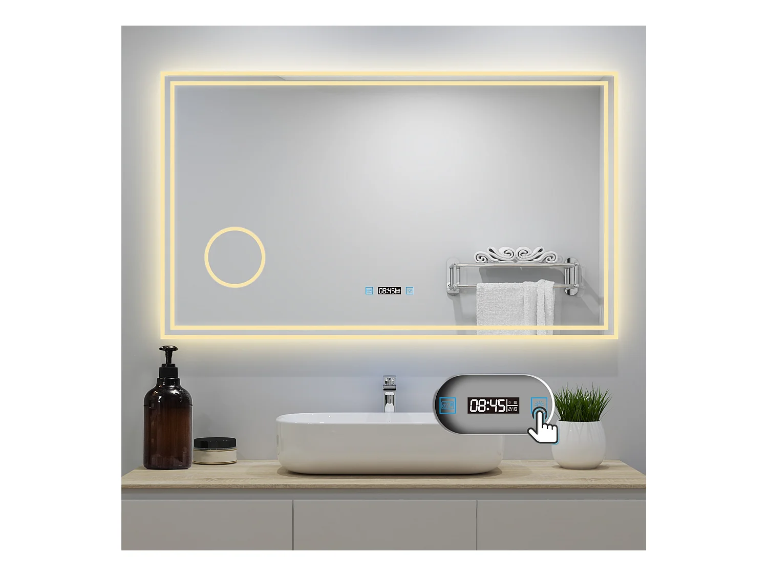 AICA Badezimmerspiegel mit LED-Beleuchtung 160x80cm Uhr Kosmetikspiegel 3 Lichtfarbe+Dimmbar Beschlagfrei Memory-Funktion