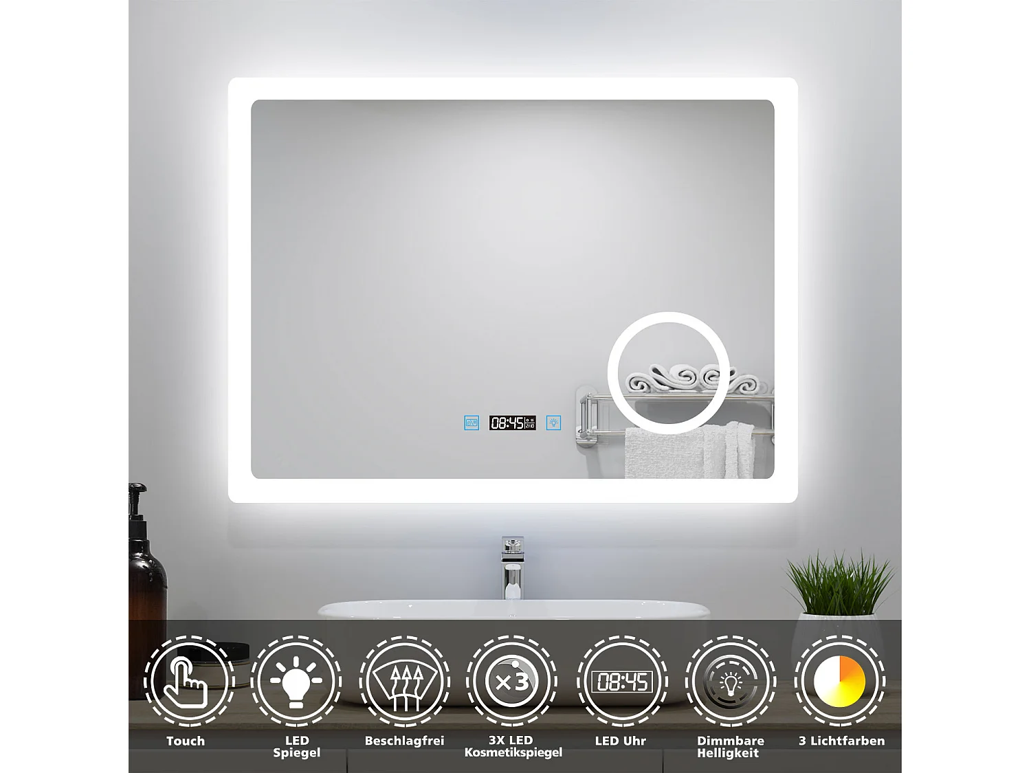 AICA Badspiegel mit LED-Beleuchtung 100x60cm Uhr Kosmetikspiegel Beschlagfrei 3 Lichtfarbe+Dimmbar Memory-Funktion