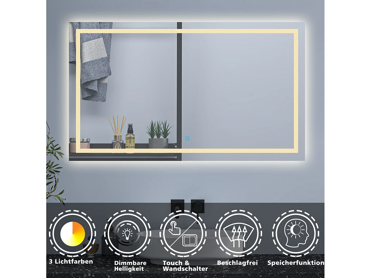 AICA Badspiegel mit LED-Beleuchtung 100x80cm Wand/Touchschalter Beschlagfrei 3 Lichtfarbe+Dimmbar Memory-Funktion - PALMAR