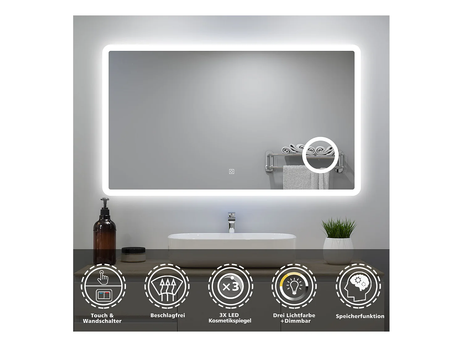 AICA Badspiegel mit LED-Beleuchtung 160x80cm Kosmetikspiegel Beschlagfrei 3 Lichtfarbe+Dimmbar Memory-Funktion