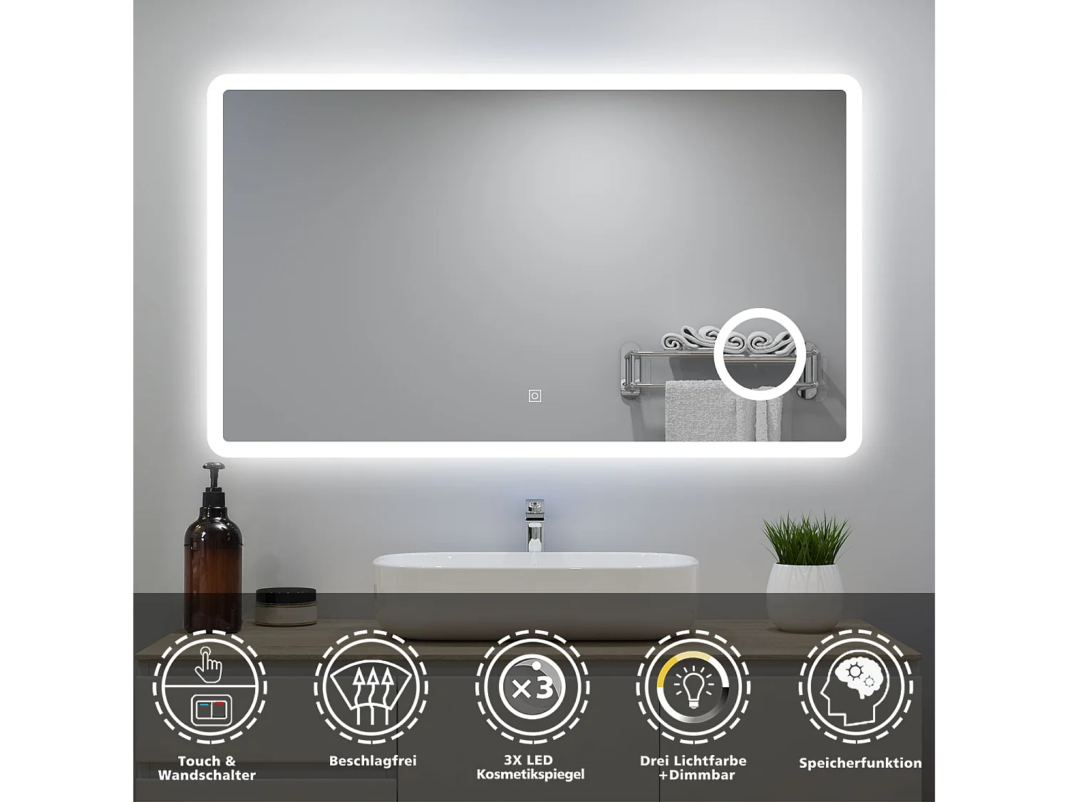 AICA Badspiegel mit LED-Beleuchtung 160x80cm Kosmetikspiegel Beschlagfrei 3 Lichtfarbe+Dimmbar Memory-Funktion