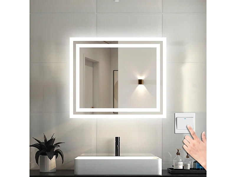 AICA Badspiegel mit LED-Beleuchtung 60x50cm Kaltweiß Wandschalter Beschlagfrei - PICHON