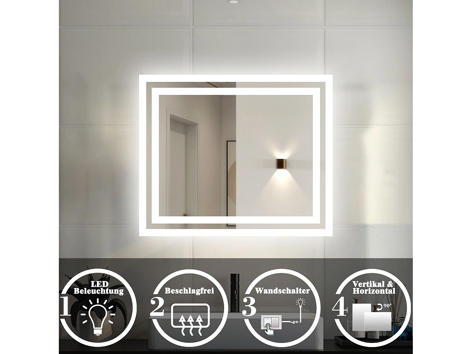 AICA Badspiegel mit LED-Beleuchtung 60x50cm Kaltweiß Wandschalter Beschlagfrei - PICHON