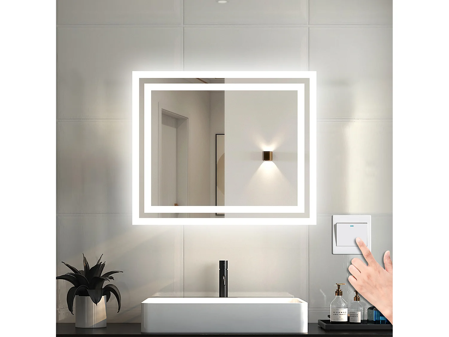 AICA Badspiegel mit LED-Beleuchtung 60x50cm Kaltweiß Wandschalter Beschlagfrei - PICHON