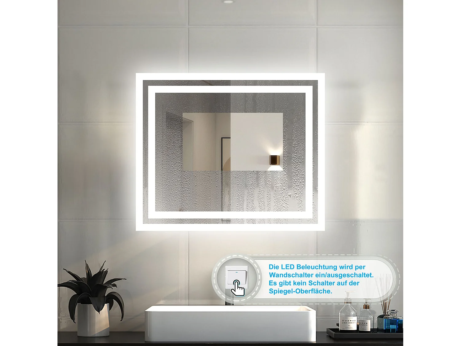 AICA Badspiegel mit LED-Beleuchtung 60x50cm Kaltweiß Wandschalter Beschlagfrei - PICHON