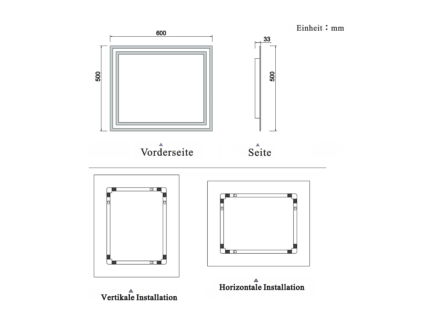 AICA Badspiegel mit LED-Beleuchtung 60x50cm Kaltweiß Wandschalter Beschlagfrei - PICHON