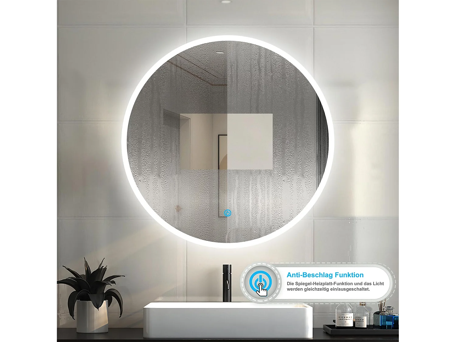 AICA Rund Badspiegel mit LED-Beleuchtung ø70cm Touchschalter Beschlagfrei Kaltweiß