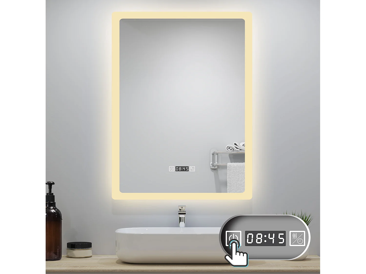 AICA LED Badspiegel 60x80cm Wand/Touchschalter - Uhr - Beschlagfrei - 3 Lichtfarbe - Dimmbar - Memory-Funktion