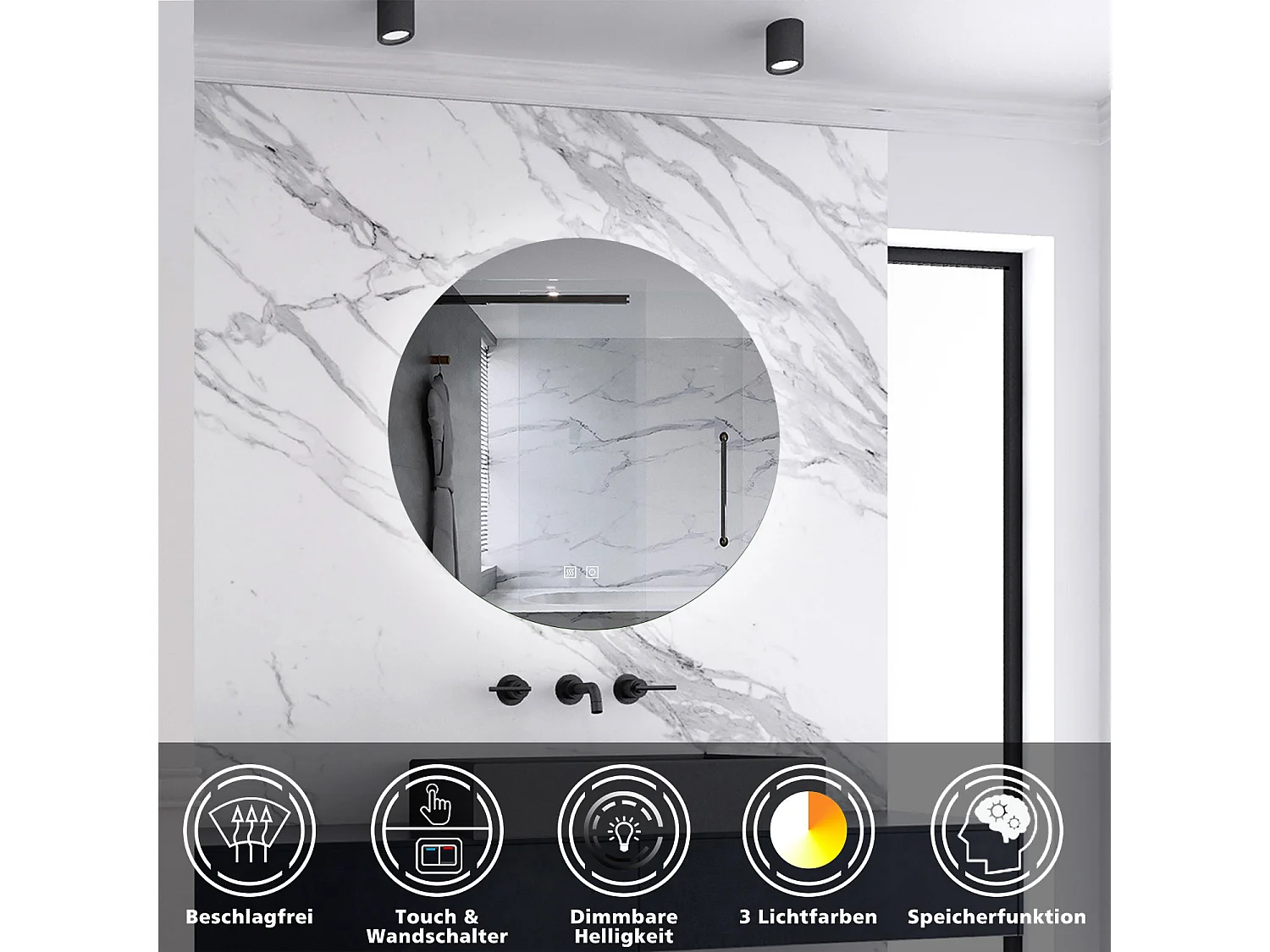 AICA Rund Badspiegel 80cm Beschlagfrei 3 Lichtfarbe+Dimmbar Memory-Funktion