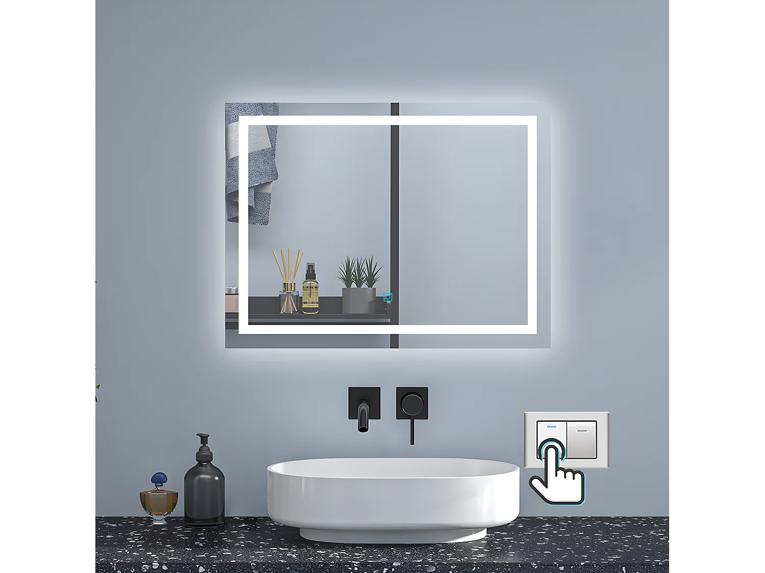 AICA Badspiegel mit LED-Beleuchtung 90x60cm Wand/Touchschalter Beschlagfrei 3 Lichtfarbe+Dimmbar Memory-Funktion - PALMAR