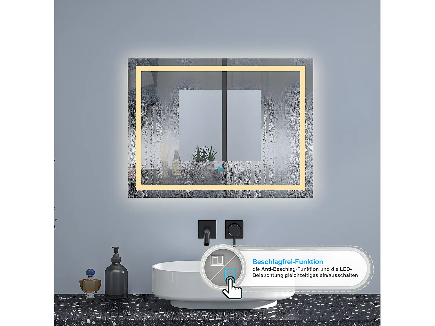 AICA Badspiegel mit LED-Beleuchtung 90x60cm Wand/Touchschalter Beschlagfrei 3 Lichtfarbe+Dimmbar Memory-Funktion - PALMAR