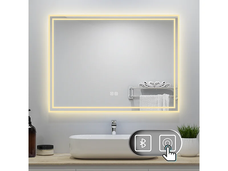AICA Badezimmerspiegel mit LED-Beleuchtung 80x60cm Bluetooth 3 Lichtfarbe+Dimmbar Beschlagfrei Memory-Funktion