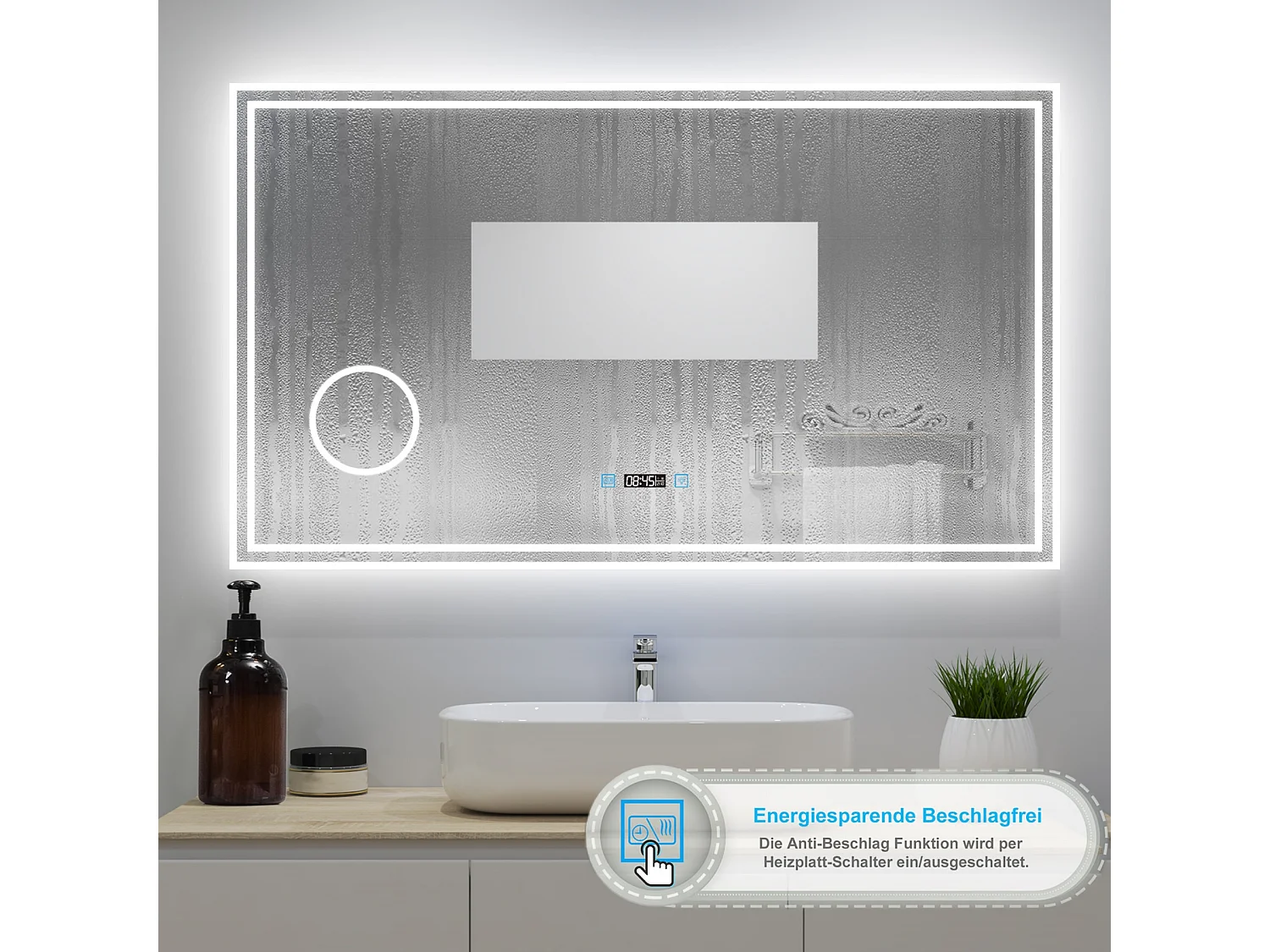 AICA Badezimmerspiegel mit LED-Beleuchtung 140x80cm Uhr Kosmetikspiegel 3 Lichtfarbe+Dimmbar Beschlagfrei Memory-Funktion