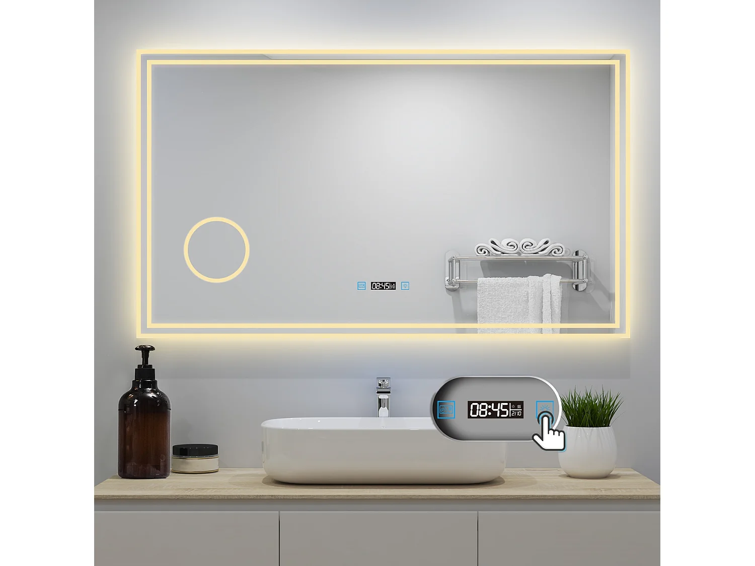 AICA Badezimmerspiegel mit LED-Beleuchtung 140x80cm Uhr Kosmetikspiegel 3 Lichtfarbe+Dimmbar Beschlagfrei Memory-Funktion