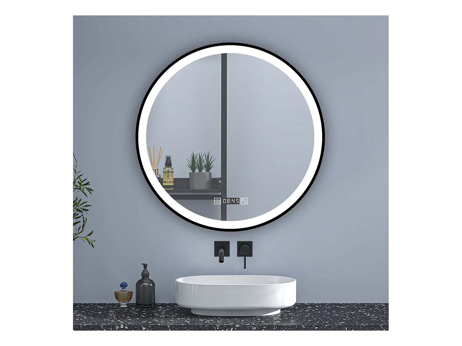 AICA LED Badspiegel Rund 70cm Beschlagfrei Uhr 3 Lichtfarbe+Dimmbar Memory-Funktion Schwarz Rahmen Wand/Touchschalter