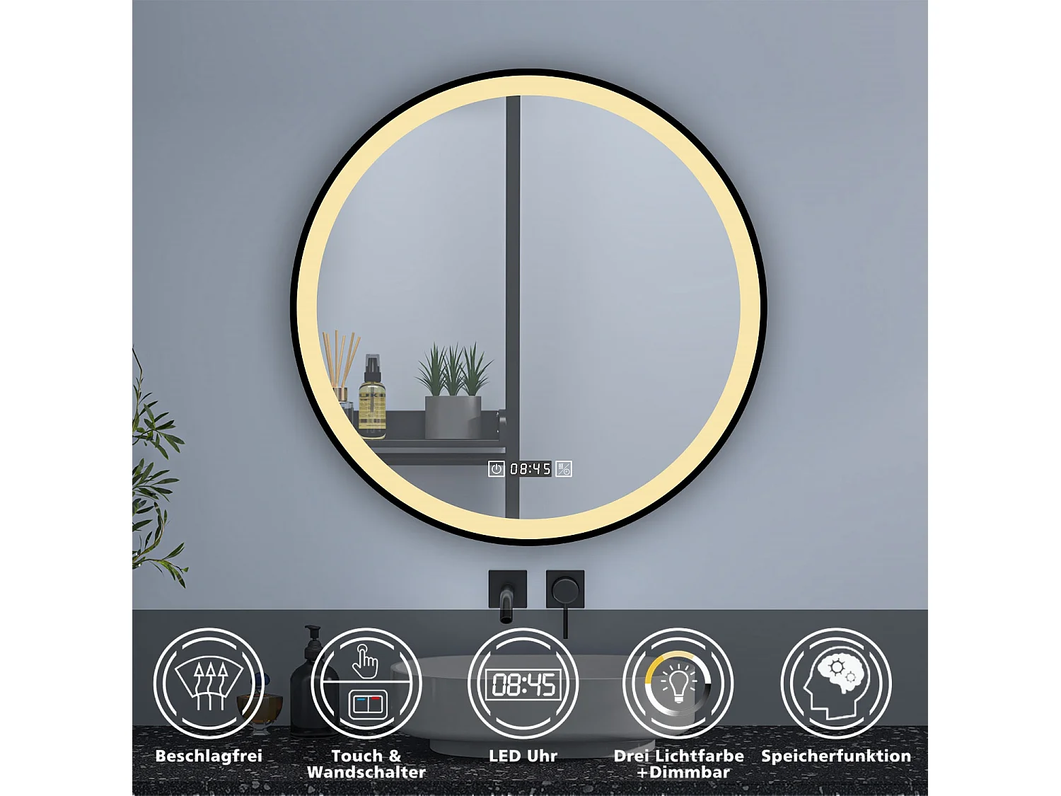 AICA LED Badspiegel Rund 70cm Beschlagfrei Uhr 3 Lichtfarbe+Dimmbar Memory-Funktion Schwarz Rahmen Wand/Touchschalter