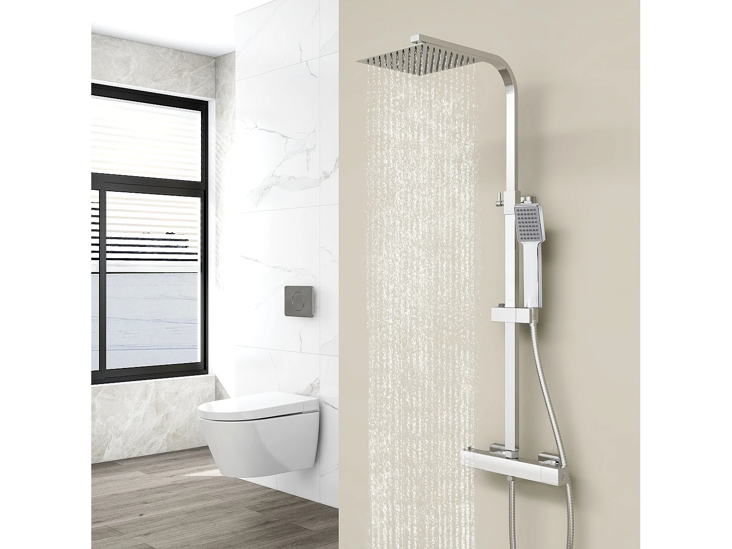 Duschsystem mit Thermostat Duscharmatur Regendusche Duschset Dusche Handbrause Duschsäule verchromter Edelstahl 73- 115 cm