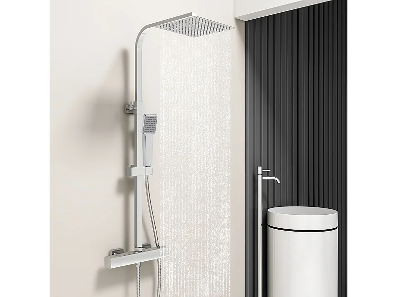 Duschsystem mit Thermostat Chrom, 25 * 25cm Quadratisch Regendusche Edelstahl, Duscharmatur Komplettset, Regendusche mit Armatur, 76-118 cm Duschstangen