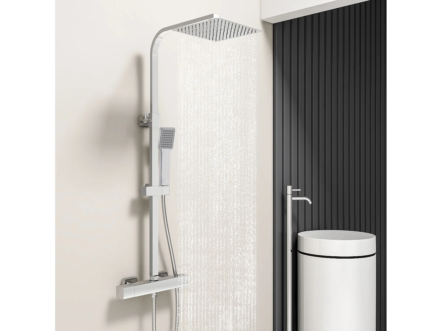 Duschsystem mit Thermostat Chrom, 25 * 25cm Quadratisch Regendusche Edelstahl, Duscharmatur Komplettset, Regendusche mit Armatur, 76-118 cm Duschstangen