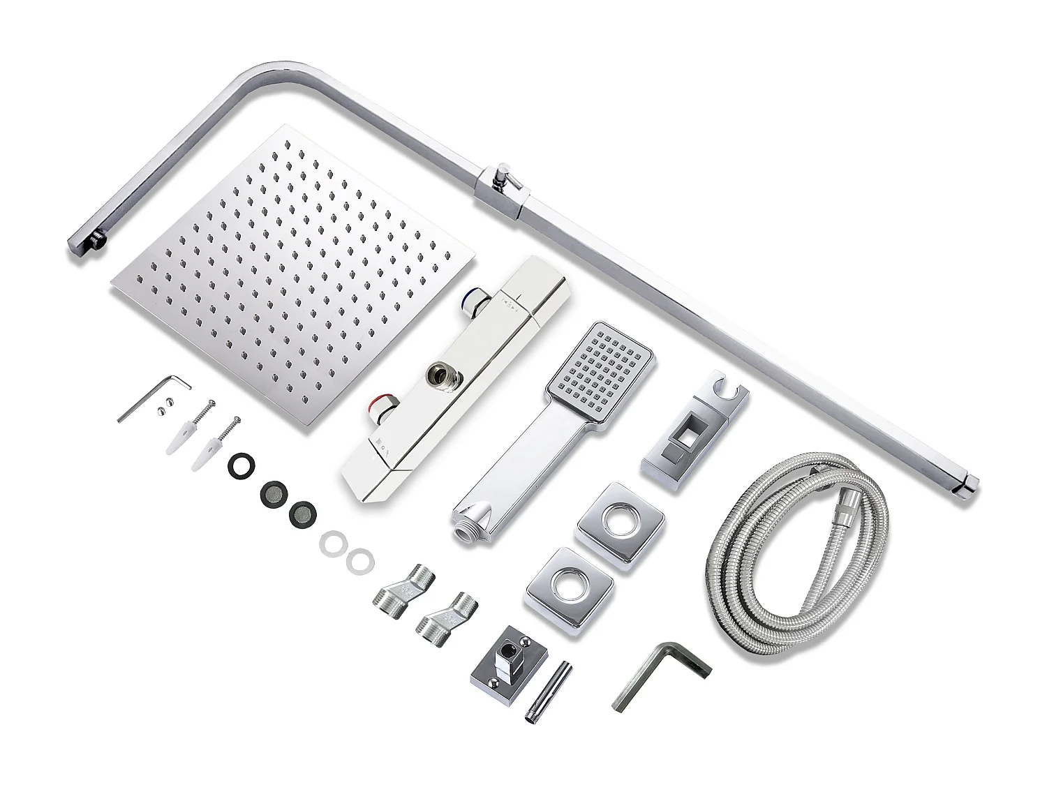 Duschsystem mit Thermostat Chrom, 25 * 25cm Quadratisch Regendusche Edelstahl, Duscharmatur Komplettset, Regendusche mit Armatur, 76-118 cm Duschstangen