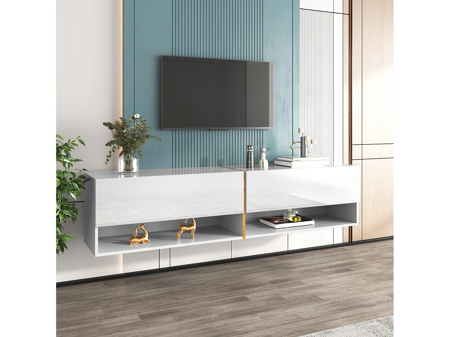 Móvel de TV suspenso brilhante com 2 portas e 2 nichos - 172 x 35 x 40 cm - Aglomerado - Branco