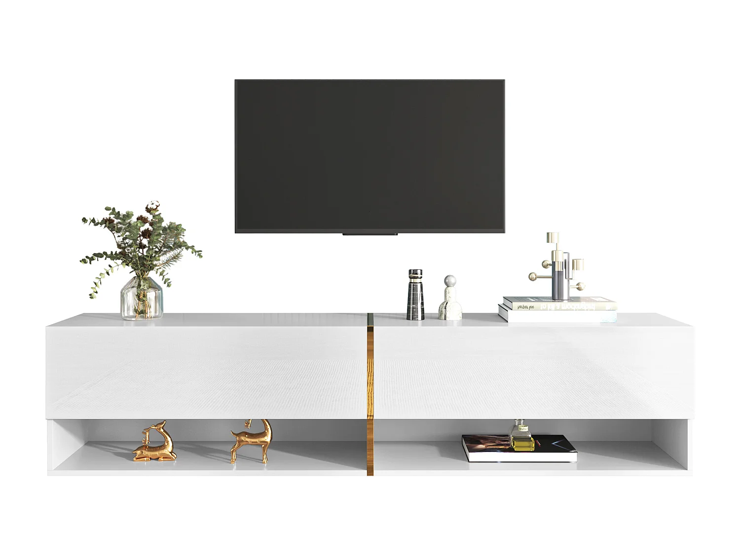 Móvel de TV suspenso brilhante com 2 portas e 2 nichos - 172 x 35 x 40 cm - Aglomerado - Branco