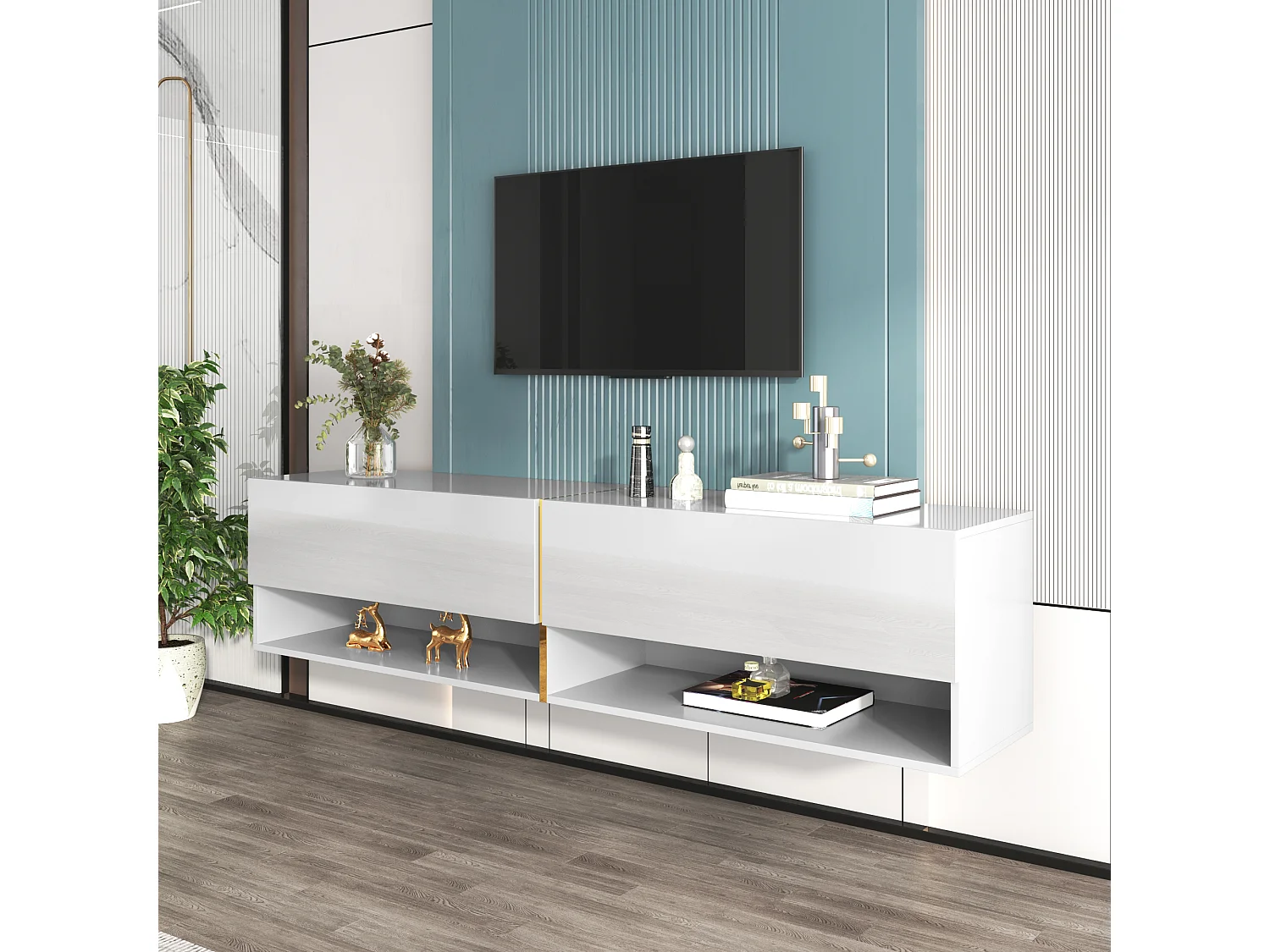 Móvel de TV suspenso brilhante com 2 portas e 2 nichos - 172 x 35 x 40 cm - Aglomerado - Branco