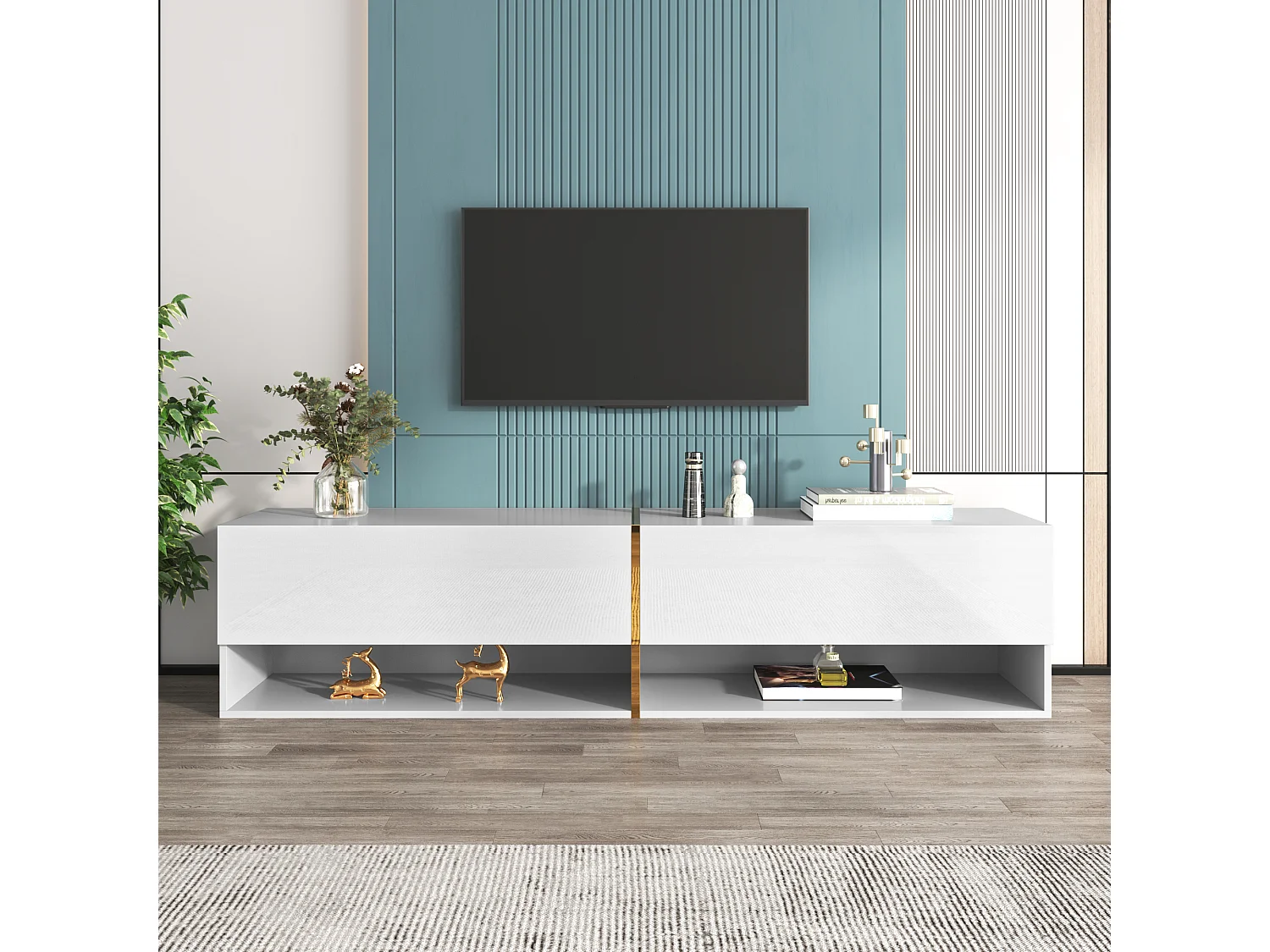 Móvel de TV suspenso brilhante com 2 portas e 2 nichos - 172 x 35 x 40 cm - Aglomerado - Branco