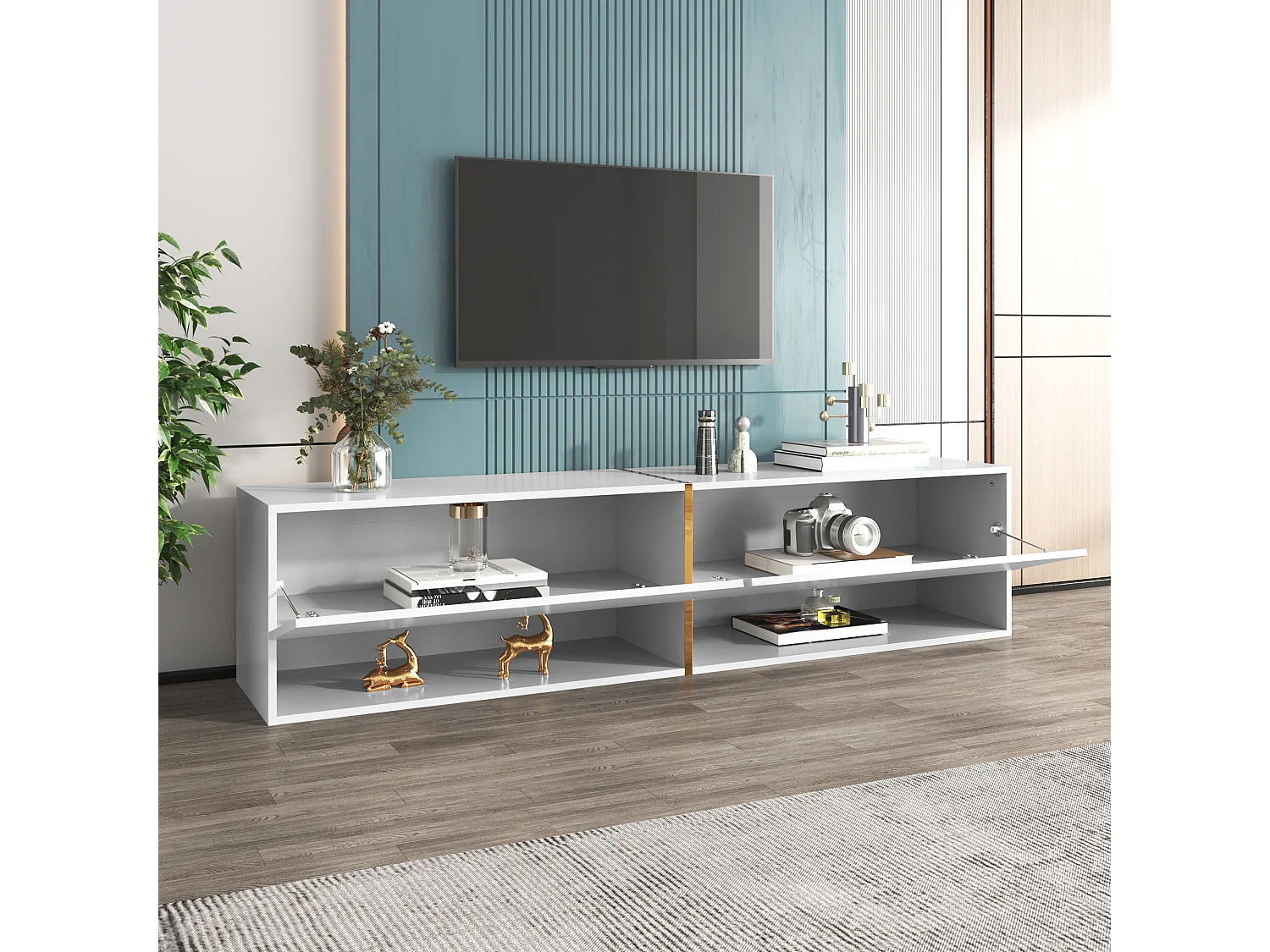 Móvel de TV suspenso brilhante com 2 portas e 2 nichos - 172 x 35 x 40 cm - Aglomerado - Branco