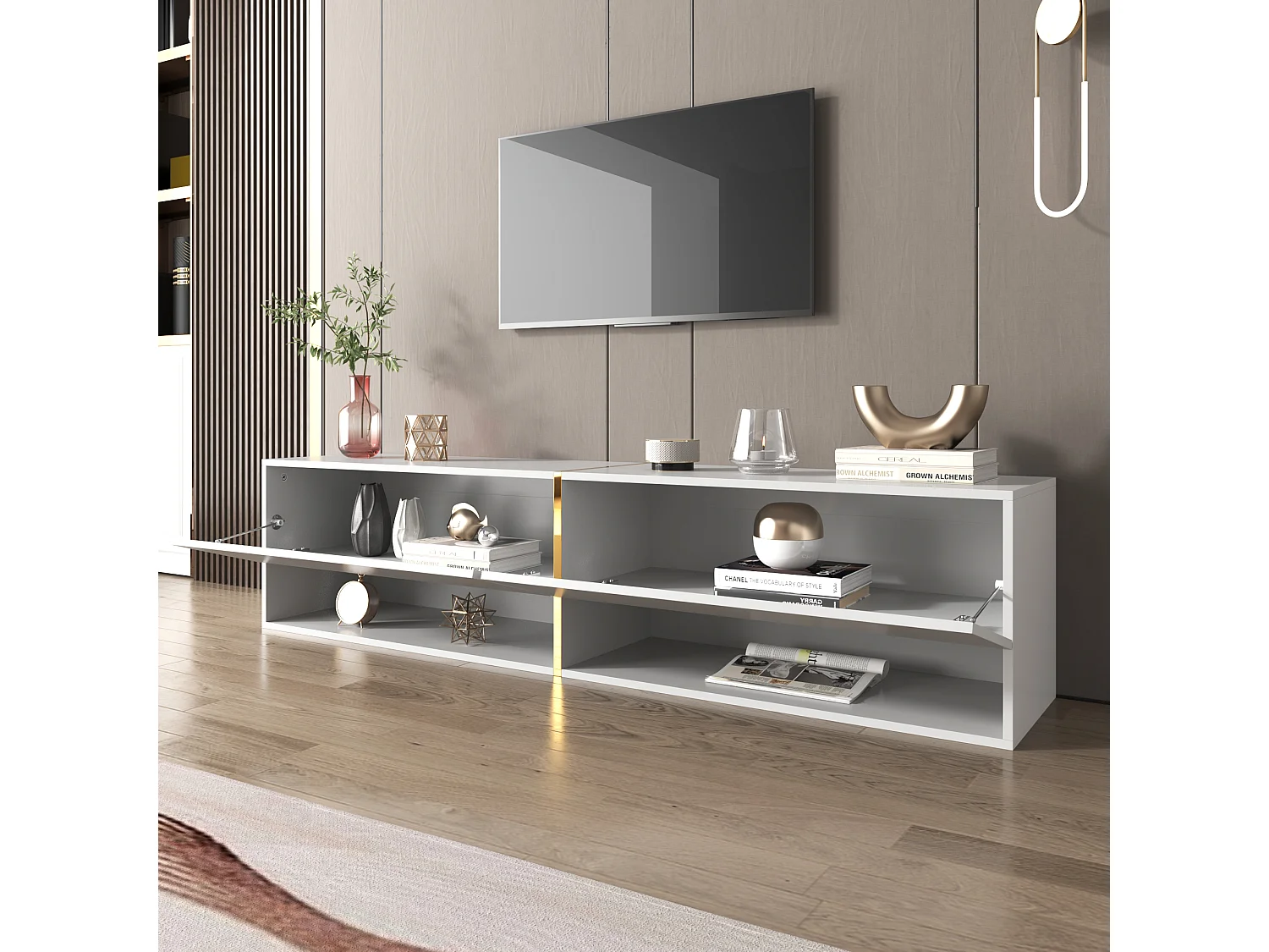 Móvel de TV suspenso brilhante com 2 portas e 2 nichos - 172 x 35 x 40 cm - Aglomerado - Branco