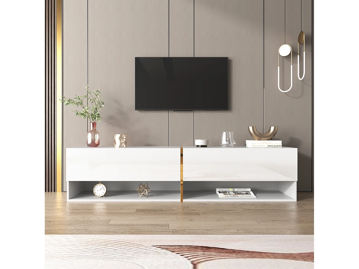Móvel de TV suspenso brilhante com 2 portas e 2 nichos - 172 x 35 x 40 cm - Aglomerado - Branco