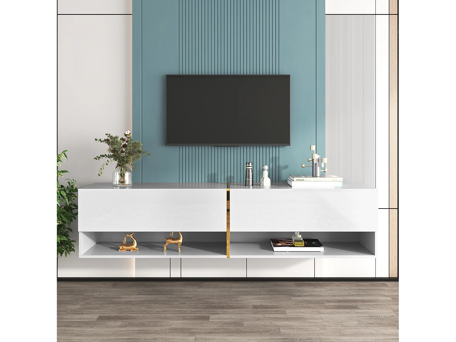 Móvel de TV suspenso brilhante com 2 portas e 2 nichos - 172 x 35 x 40 cm - Aglomerado - Branco