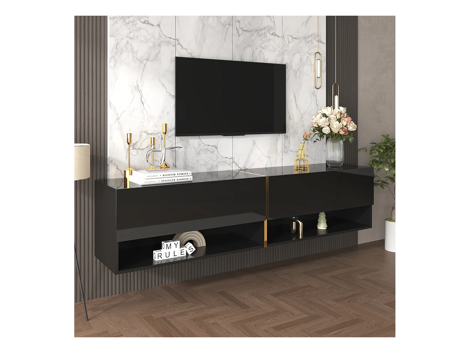 Meuble TV suspendu brillant avec 2 portes et 2 niches - 172 x 35 x 40 cm - Panneaux de particules - Noir