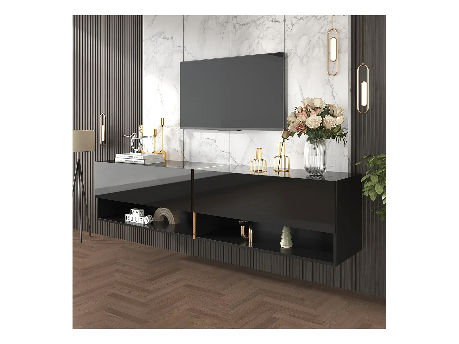 Meuble TV suspendu brillant avec 2 portes et 2 niches - 172 x 35 x 40 cm - Panneaux de particules - Noir