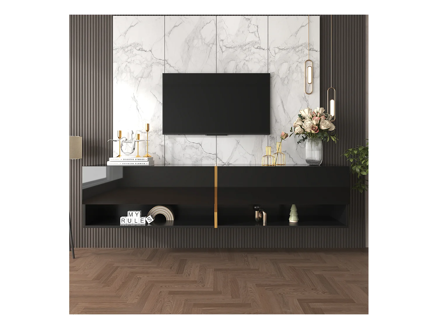 Meuble TV suspendu brillant avec 2 portes et 2 niches - 172 x 35 x 40 cm - Panneaux de particules - Noir