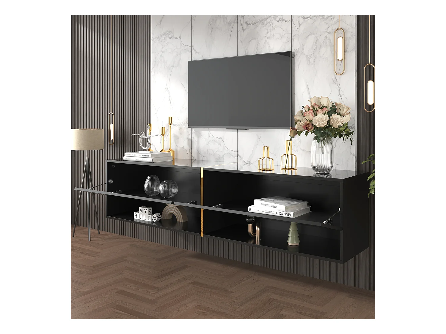 Meuble TV suspendu brillant avec 2 portes et 2 niches - 172 x 35 x 40 cm - Panneaux de particules - Noir