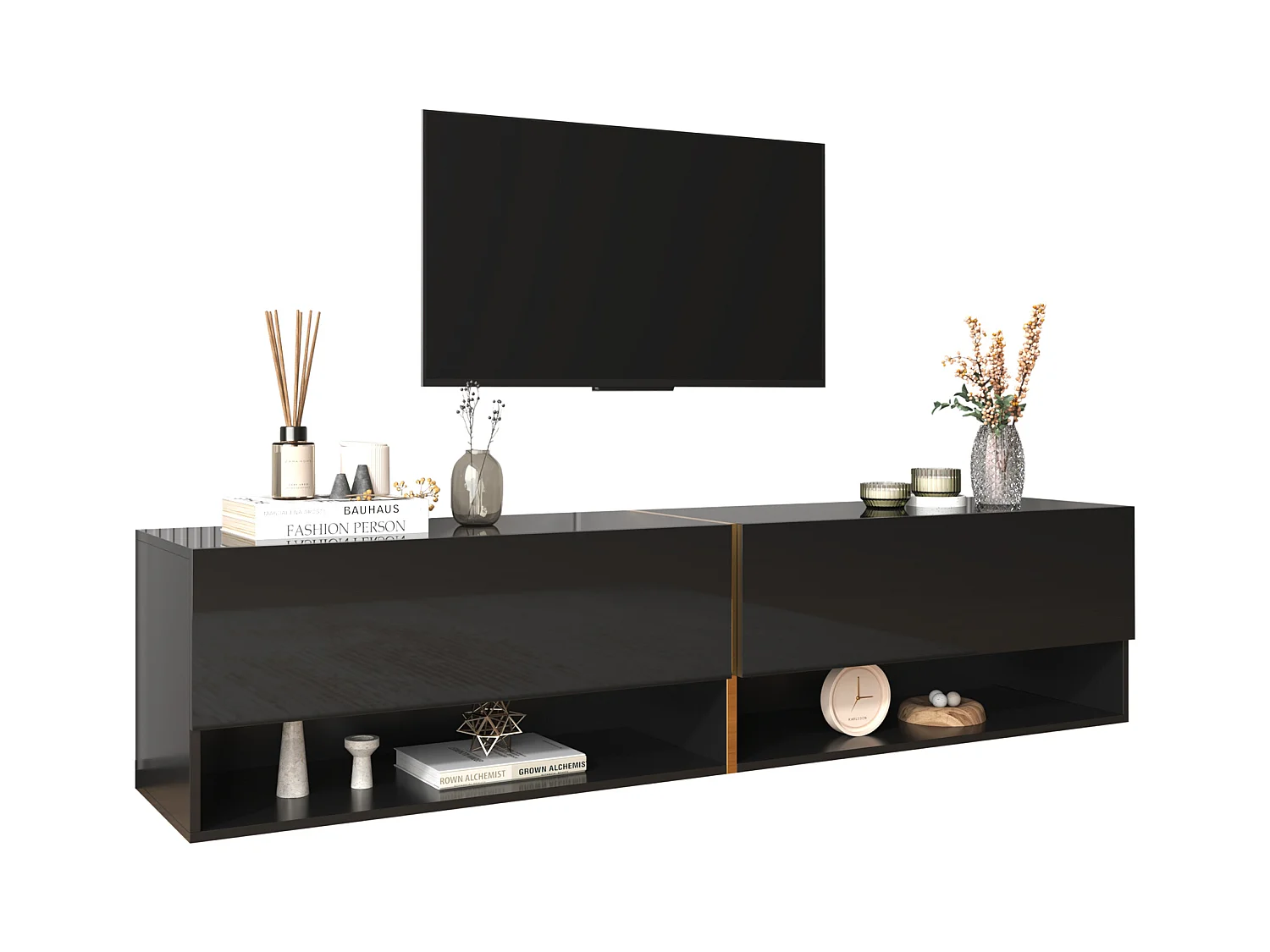 Meuble TV suspendu brillant avec 2 portes et 2 niches - 172 x 35 x 40 cm - Panneaux de particules - Noir