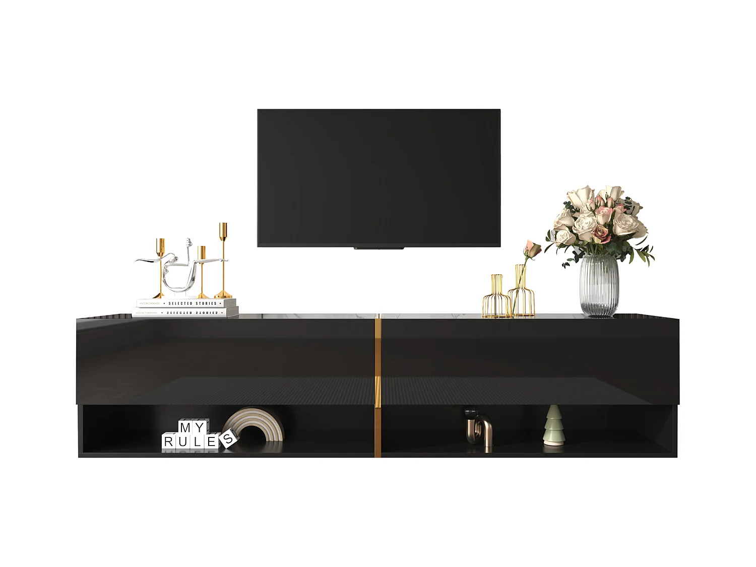 Meuble TV suspendu brillant avec 2 portes et 2 niches - 172 x 35 x 40 cm - Panneaux de particules - Noir